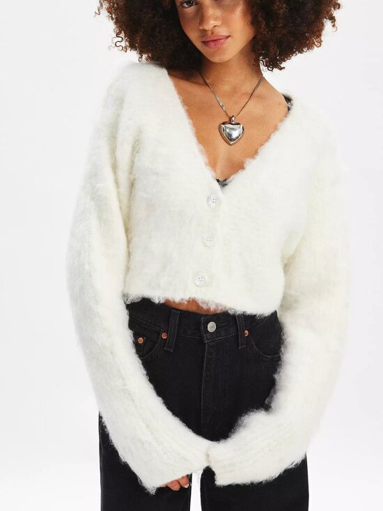 Urban Outfitters Sweaters - Urban Outfitters Kimchi Blue Adaline Cropped Fuzzy Knit Cardigan - White - XS